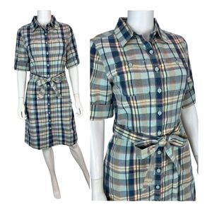 LL BEAN Knee Length Dress Size L Petite Plaid Flannel Button Up Long Sleeve